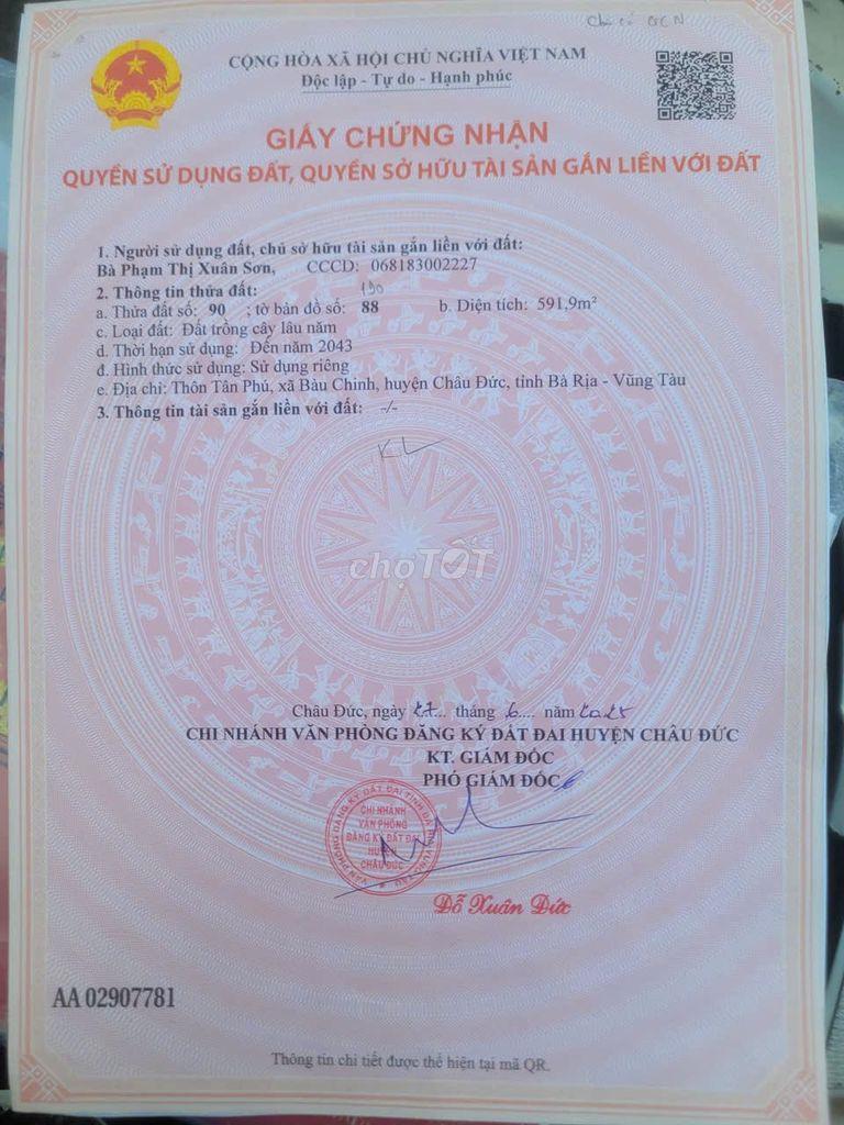 Bán đất xã Bàu Chinh tỉnh Bà Rịa Vũng Tàu