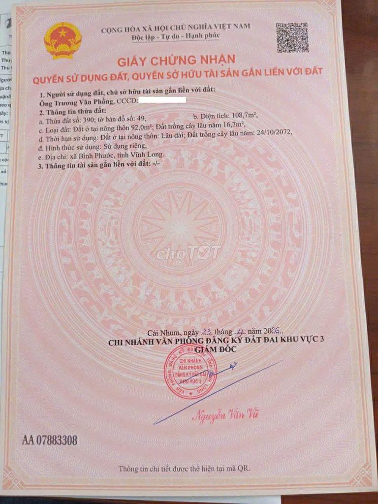 Bán đất xã Bình Phước tỉnh Vĩnh Long