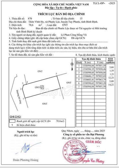 Bán đất xã Phước Lộc Huyện Tuy Phước tỉnh Bình Định